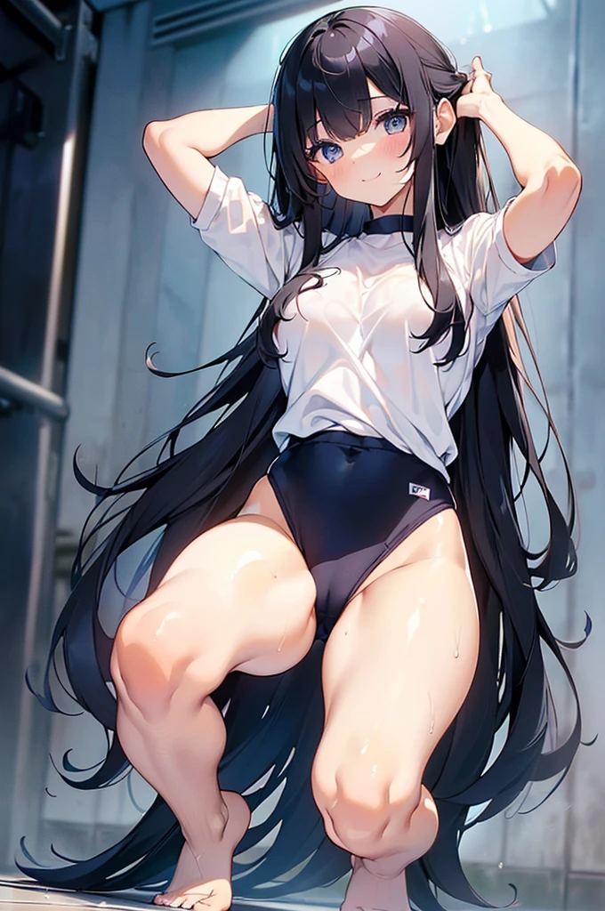 ((4K,8K,Highest quality,Perfect Fingers:1.3,Perfect Anatomy:1.3,Background Blur)),((s old,woman,cute big droopy eyes,Straight Long Hair,Beautiful and slim girl,Black Hair)),((Complex and detailed:1.4)), ((Very detailed)),[[[See through:1.1]]],(Gym suit),((Dark blue gymnastics bloomers)),((White shirt)),Short sleeve,((Wet:1.2)),(White shirt over nipples),Large Breasts,blush,(Smiling Kindly),(Sweat),(Shiny skin),Perfect clear skin,super oily,Full body angle,Sexy pose,（Camel Toe：1.4),((Open your thighs wide to the left and right:1.2)),地面にsquat,Showing your crotch to the audience,(((Weight scale,squat:1.2, Put your arms behind your head))),Detailed description of the vagina,Show your vagina,[Wet crotch],My feet get wet,School poolside,