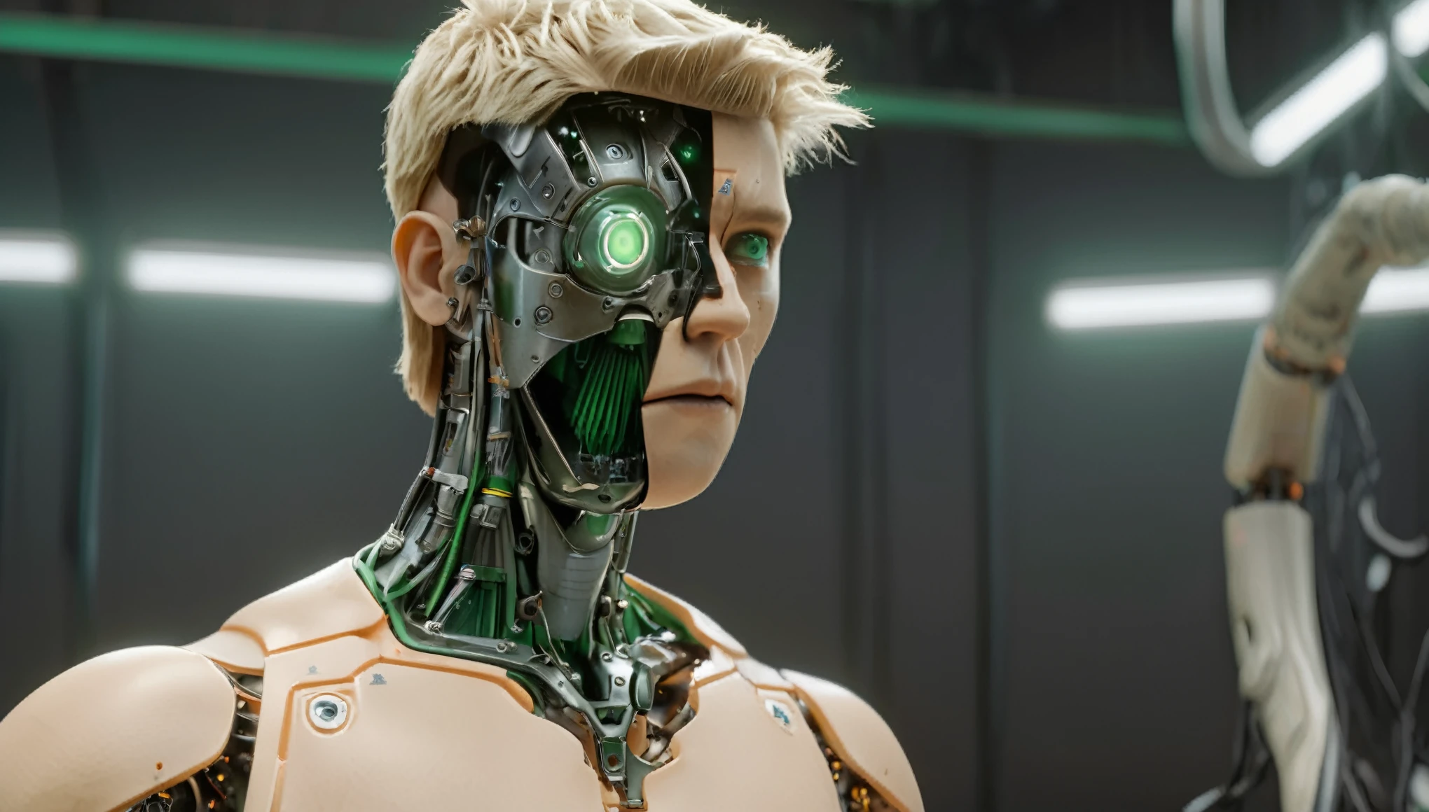 1 mechanical boy, (male), mullet haircut, blonde hair, green eyes, blonde, (24 age), mechanical green cables arms outstretched, ((ultra realistic details)), global illumination, shadows, octane render, 8k, ultra sharp, metal, intricate, ornaments detailed, highly intricate details, realistic light, glowing eyes, neon details, mechanical limbs, blood vessels connected to tubes, mechanical cervical attaching to neck, wires and cables connecting to head