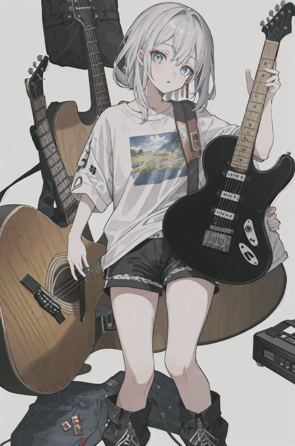 8K,high resolution,absurd,masterpiece,best quality,The original,Extremely detailed CG,Extremely detailed wallpaper,Perfect lighting,1 Girl,Vague_background，
(hutaodef:1.2),Black shorts,black h在 with h在 ,Regular Clothes，white background，guitar