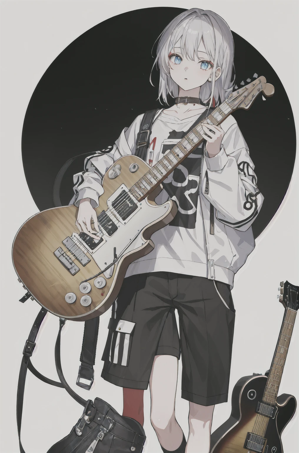 8K,high resolution,absurd,masterpiece,best quality,The original,Extremely detailed CG,Extremely detailed wallpaper,Perfect lighting,1 Girl,Vague_background，
(hutaodef:1.2),Black shorts,black h在 with h在 ,Regular Clothes，white background，guitar