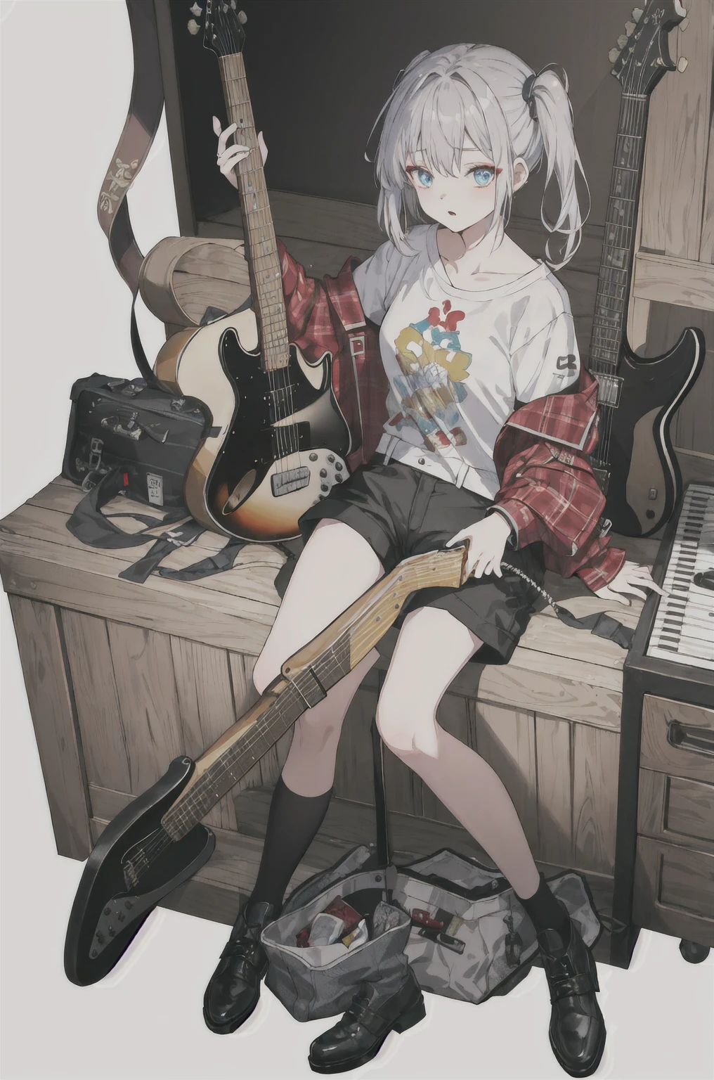 8K,high resolution,absurd,masterpiece,best quality,The original,Extremely detailed CG,Extremely detailed wallpaper,Perfect lighting,1 Girl,Vague_background，
(hutaodef:1.2),Black shorts,black h在 with h在 ,Regular Clothes，white background，guitar