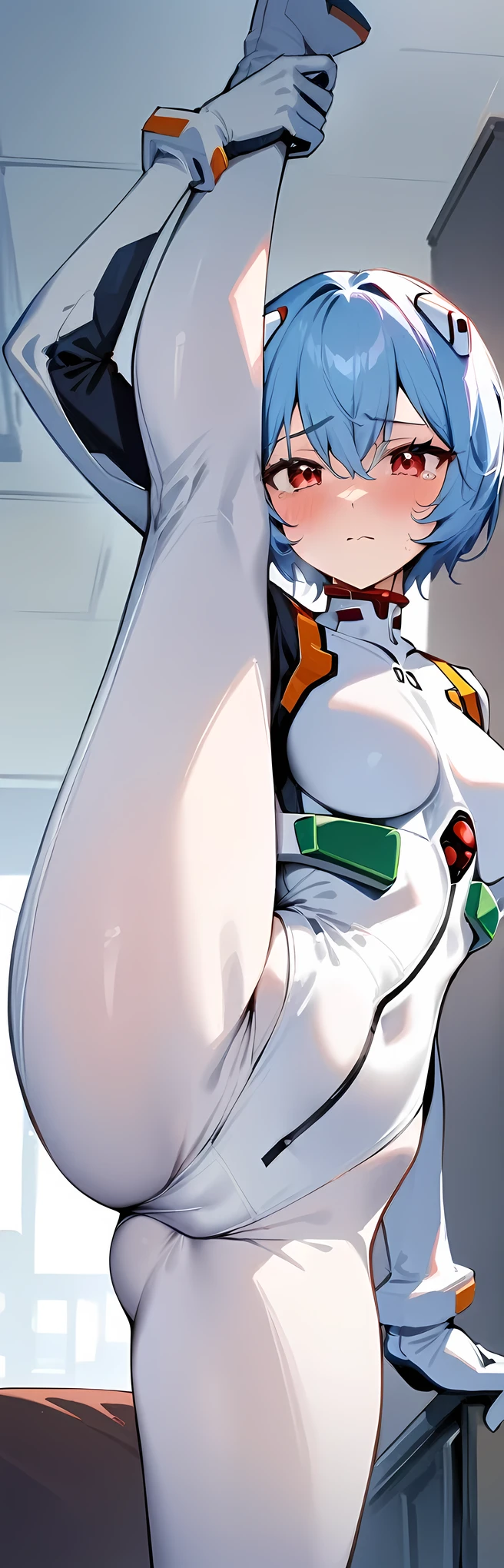 masterpiece, best quality, very aesthetic, absurdres, newest, 1girl, jeans, covered_crotch, solo,standing_split,tears in eyes,embarrassed, ,Ayanami Rei,white bodysuit,red eyes,pilot suit,short hair,blue hair,bangs,interface headset,turtleneck,hair between eyes,on sofa,