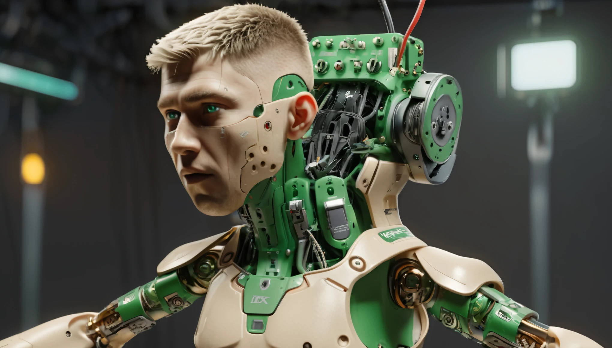 1 mechanical boy, (male), mullet haircut, blonde hair, green eyes, blonde, (24 age), mechanical green cables arms outstretched, ((ultra realistic details)), global illumination, shadows, octane render, 8k, ultra sharp, metal, intricate, ornaments detailed, highly intricate details, realistic light, glowing eyes, neon details, mechanical limbs, blood vessels connected to tubes, mechanical cervical attaching to neck, wires and cables connecting to head