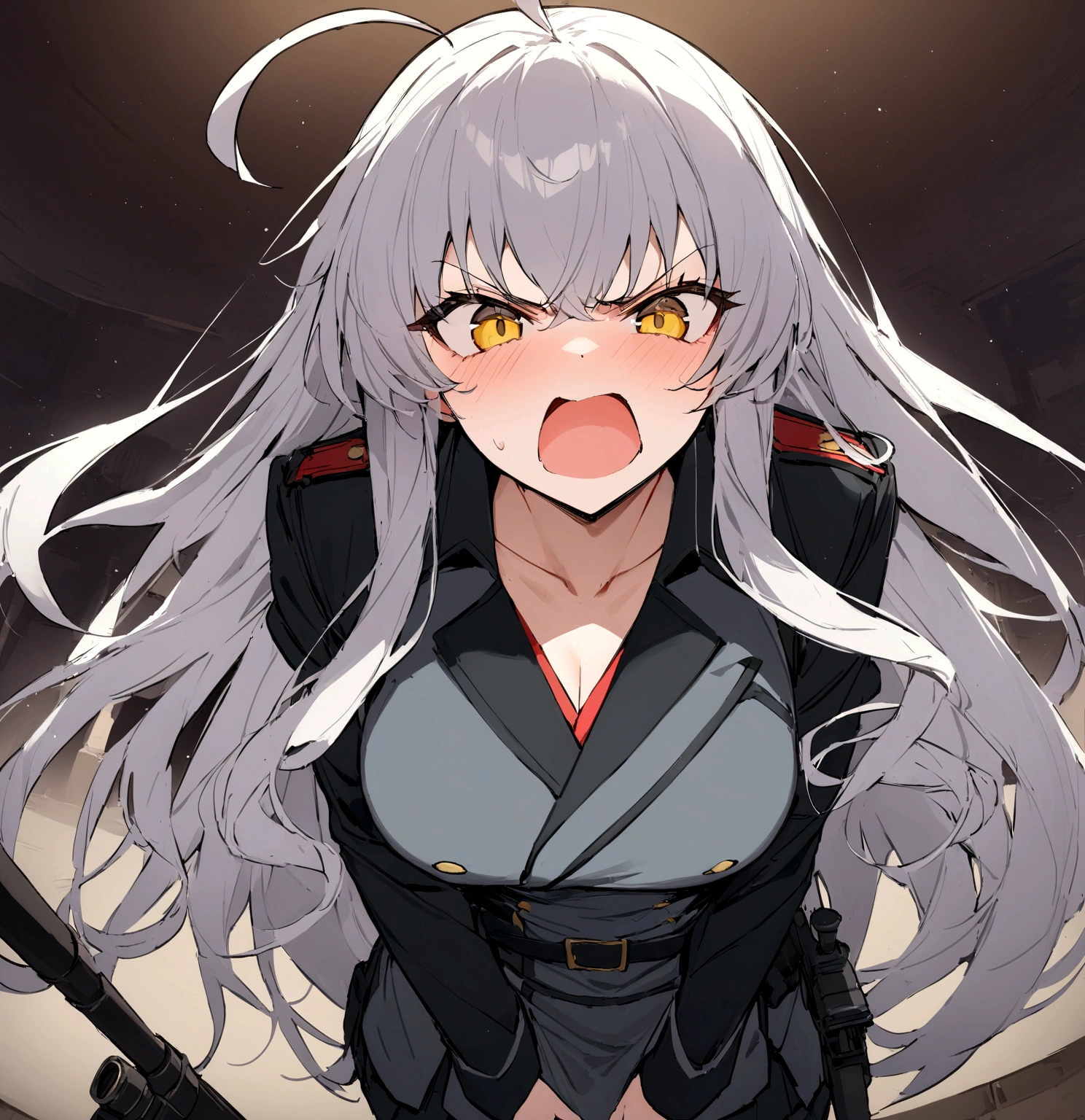 (masterpiece, best quality:1.2),Angry Face、 1girl, 独奏,Black military uniform、Grey long hair、Ahoge、Yellow Eyes、Ready your gun?、sniper rifle、Background of military bases、Fisheye Lens