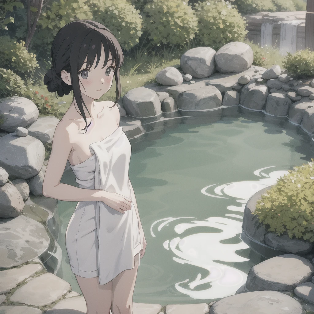 {{Wrapped in a bath towel}}Woman with a towel wrapped around her body, .illustration, mother, hot spring, standing, Ghibli style, high resolution