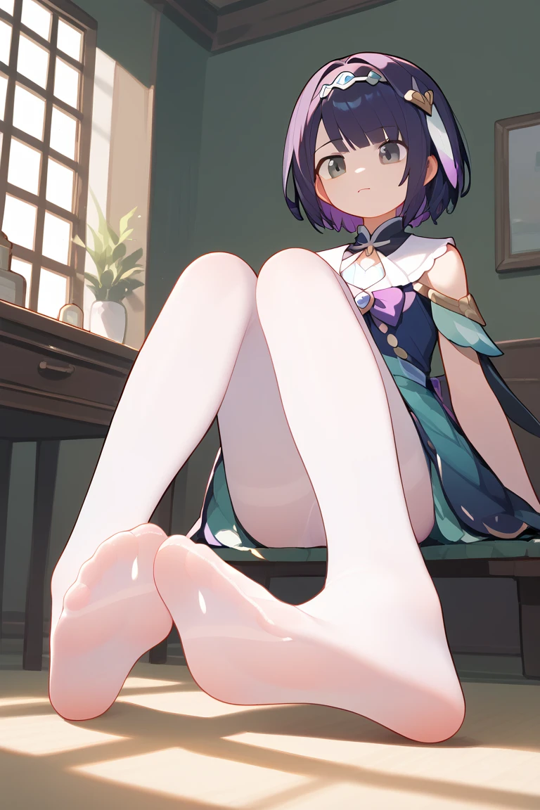 score_9, score_8_up, score_7_up, BREAK source_anime,masterpiece, best quality, highly detailed,absurdres, anime,highres,8k, shadow,uncensored, indoors, simple background, home, full body, sitting, feet, soles, toes, foot focus, 1girl, zundalora, pantyhose, white legwear