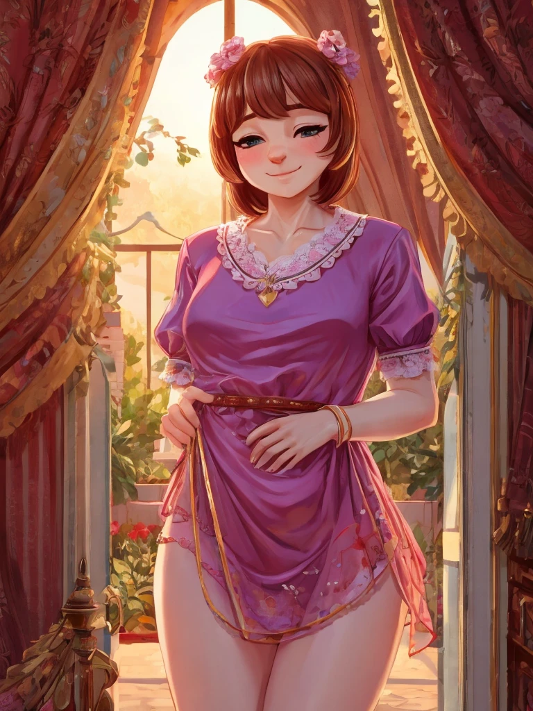 (Masterpiece, Best Quality, High Quality:1.4), professional artwork, Intricate Details, field of view, sharp focus, detailed painting, photorealistic lighting, trending on pixiv, (vivid lighting, vibrant colors:1.05), realistic shadows, ambient occlusion, 4K, Masterpiece, highres, absurdres, smiling,edgTemptation, a woman in a sexy lingerie sheered robe posing for a picture , wearing edgTemptation, Marie Mamiya, (red hair:1.05), hair ornament, lipstick, makeup, (mole under eye:0.9), ultra detail hair, ultra detail face, (yellow eyes:1.05), perfect eyes, perfect face, earrings, (seductive look, blush:1.2),