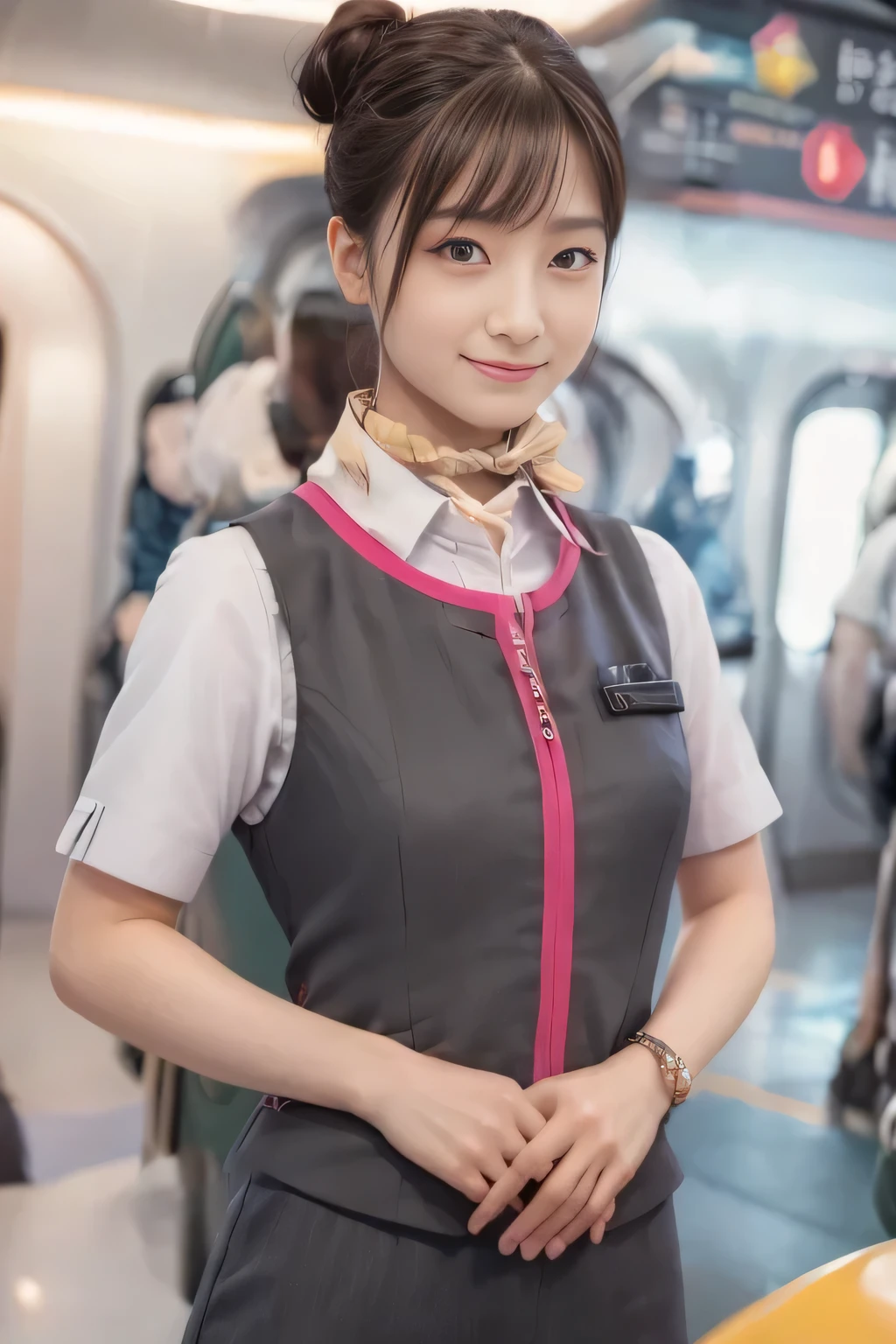 (masterpiece:1.2, Highest quality:1.2), 32k HDR, High resolution, (alone、1 Girl)、（Ride the bullet train、Professional Lighting）、Background in the car、（Realistic style of JR Gran Class crew uniform）、Short sleeve blouse、a scarf around the neck、（JR Gran Class flight attendant uniform with pink parts on the skirt sleeves）、（The uniform of a flight attendant in JR Gran Class has a pink line on the front zipper of the vest.）、Dark brown hair、（Hair tied up、Hair Bun、Hair Bun）、Dark brown hair、Long Shot、Big Breasts、（（Great hands：2.0）），（（Harmonious body proportions：1.5）），（（Normal limbs：2.0）），（（Normal finger：2.0）），（（Delicate eyes：2.0）），（（Normal eyes：2.0））)、Luxury Necklace、smile、Beautiful standing posture,