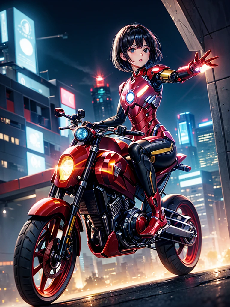 Highest quality,Highest Resolution,beautiful girl,Iron Man-like Android,metallic,Mechanic,cyborg,Future city at night,Short black hair,whole body,Ride on a futuristic machine and drive,Move,