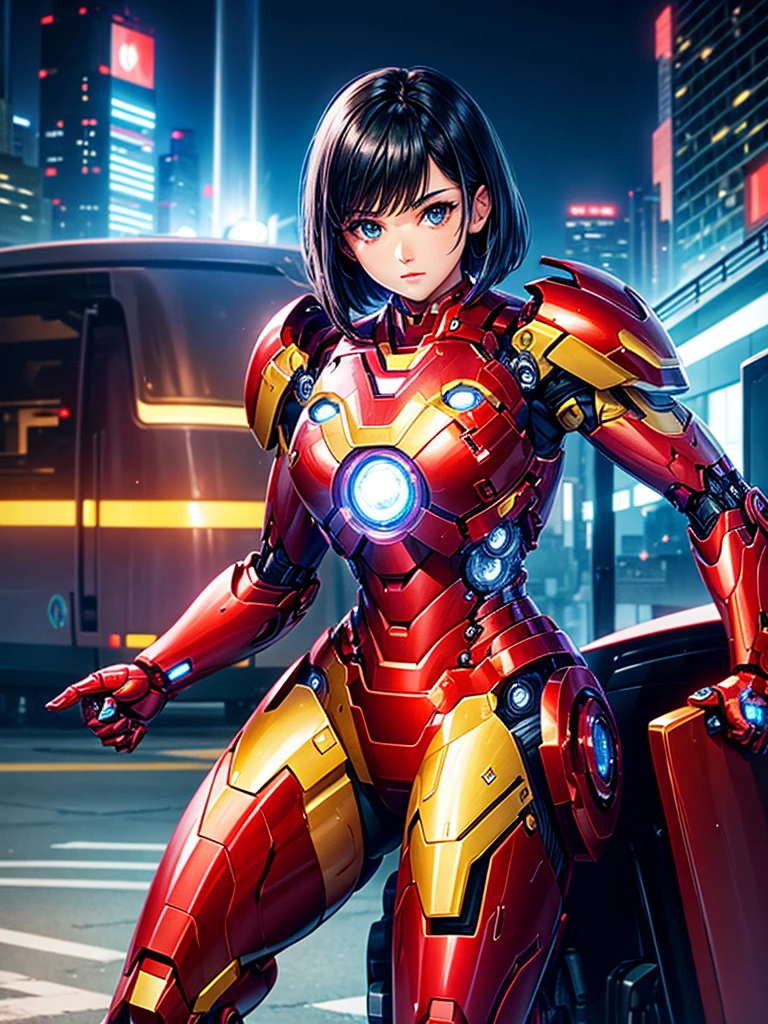 Highest quality,Highest Resolution,beautiful girl,Iron Man-like Android,metallic,Mechanic,cyborg,Future city at night,Short black hair,whole body,Ride on a futuristic machine and drive,Move,