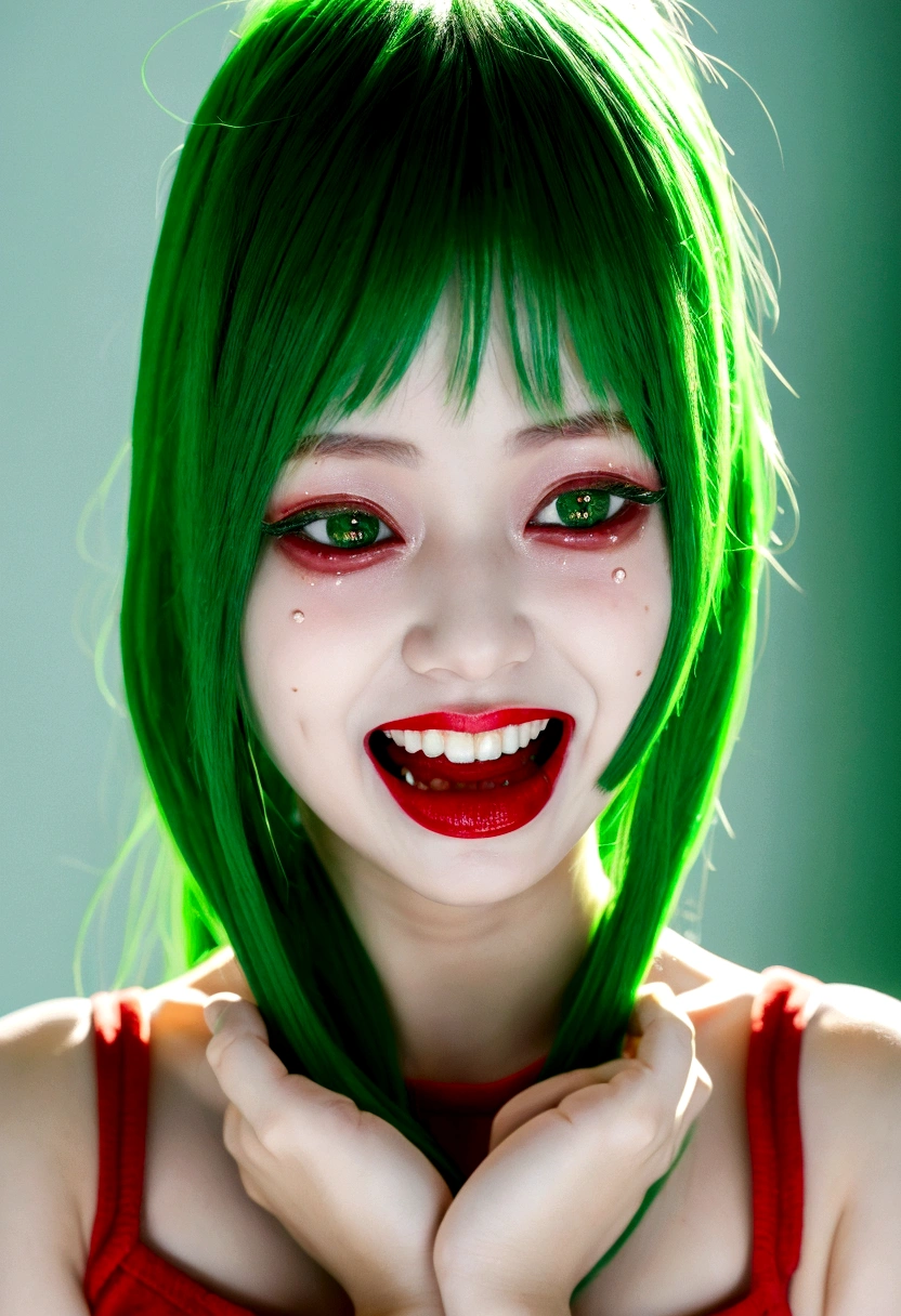 Green-haired girl with red eyes cries and laughs