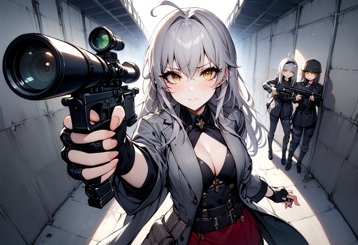 (masterpiece, best quality:1.2), 1girl, 独奏,Black military uniform、Looking through the scope、Point your gun at us、Grey long hair、Ahoge、Yellow Eyes、Ready your gun?、sniper rifle、Background of military bases、Fisheye Lens、battlefield、Shadows of light and darkness、Confused eyes、A black hoodie over a grey trench coat、war、銃弾が飛び交うbattlefield、war、大きなReady your gun?女の子