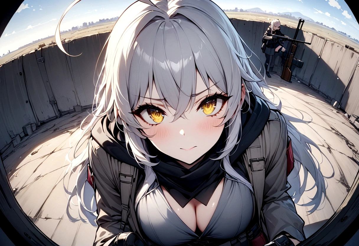 (masterpiece, best quality:1.2), 1girl, 独奏,Black military uniform、Looking through the scope、Point your gun at us、Grey long hair、Ahoge、Yellow Eyes、Ready your gun?、sniper rifle、Background of military bases、Fisheye Lens、battlefield、Shadows of light and darkness、Confused eyes、A black hoodie over a grey trench coat、war、銃弾が飛び交うbattlefield、war、大きなReady your gun?女の子