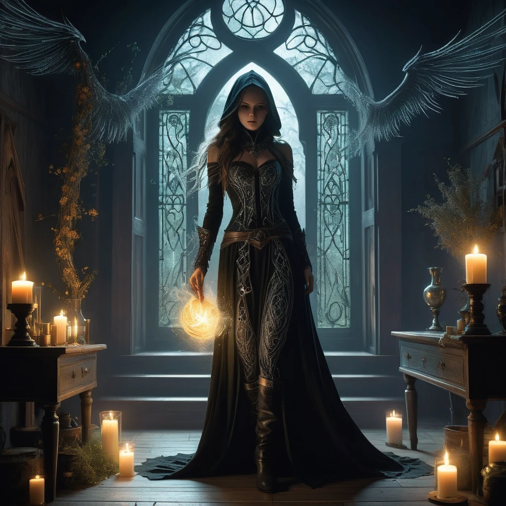 In the quiet enchanted forest, a figure stands silhouetted against the flickering light of a hearth fire. Her hair, a cascade of pure white that contrasts starkly against her dark attire, falls in waves down her back.
Dressed in a fitted black tunic adorned with intricate patterns of silver thread and leather straps, she wears practical trousers tucked into sturdy boots that have treaded many paths. Over her shoulder hangs a cloak, its deep midnight hue blending seamlessly with the shadows that dance along the walls.
The cottage, with its rough-hewn wooden beams and shelves filled with ancient tomes and mysterious artifacts, speaks of a life steeped in arcane knowledge and hidden lore. The air is heavy with the scent of herbs and potions brewed to ward off malevolent spirits that haunt the nearby woods.
Outside, the moon casts a pale glow through the lattice window, illuminating the herbs drying from the rafters and casting elongated shadows across the worn wooden floor. Every corner of the cottage whispers of secrets and spells, each carefully guarded against the darkness that threatens to encroach upon this haven.
In this realm of dark medieval fantasy, where magic and danger lurk just beyond the threshold, she stands as a sentinel—a keeper of ancient wisdom and protector of the fragile balance between light and shadow."