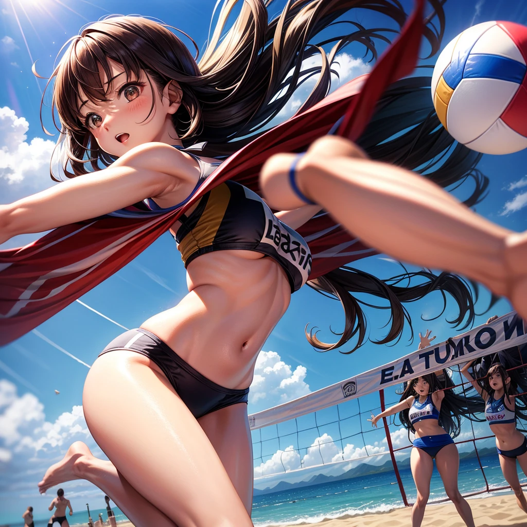 solo / one girl / / Brown eyes, long dark hair, / big tits / girl with、lighting like a movie、The bikini、beachvolley、beach volley ball、spring、jump、、jump、shout out、 