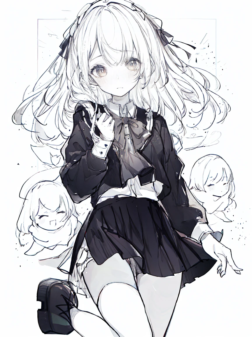 One Girl,Line art,Monochrome,sketch,Pencil drawing,Traditional Media,One Girl, Upper body,She's in trouble,pattern,sweater,Primary school students ,Delicate body、mini skirt、black tights、Open leg pose、, Long sleeve, With legs apart, alone、(Cute Teenage Girl, alone),Beautiful portrait、Respect、Crying face、Seeking help、Black-haired、