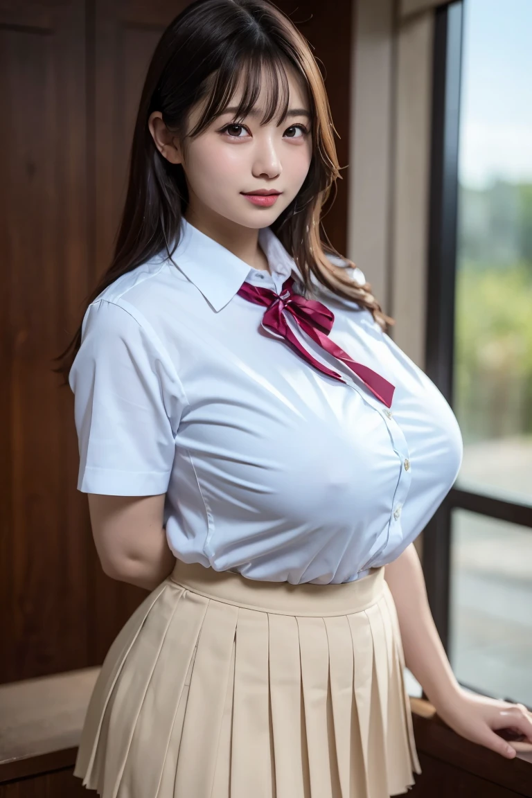 (Best quality,masterpiece,ultra detailed,8K,RAW photo,realistic,high resolution:1.2),(Pretty Japanese girl),(Super huge tits:1.4),(light brown hair),(school uniform,white collared shirt,pleated skirt:1.4),(voluptuous:1.4),(shoulder length),(light smile),(chubby:1.4)