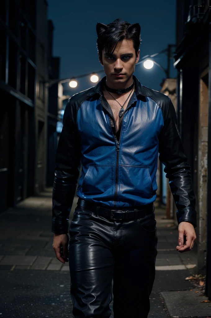 A hunter black cat his eyes are blowing blue colour wearing leather's clothes white and blue necklace oh his neck. Dark background. (Dark place) full body cats walking in night time ((showing few long distance )) (dark background seen )