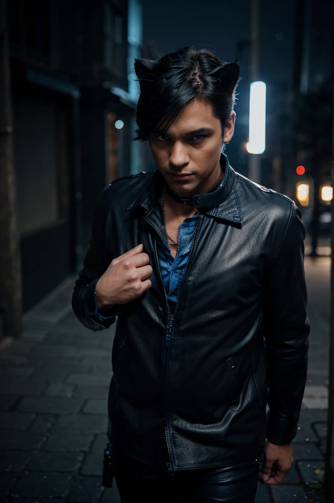A hunter black cat his eyes are blowing blue colour wearing leather's clothes white and blue necklace oh his neck. Dark background. (Dark place) full body cats walking in night time ((showing few long distance )) (dark background seen )