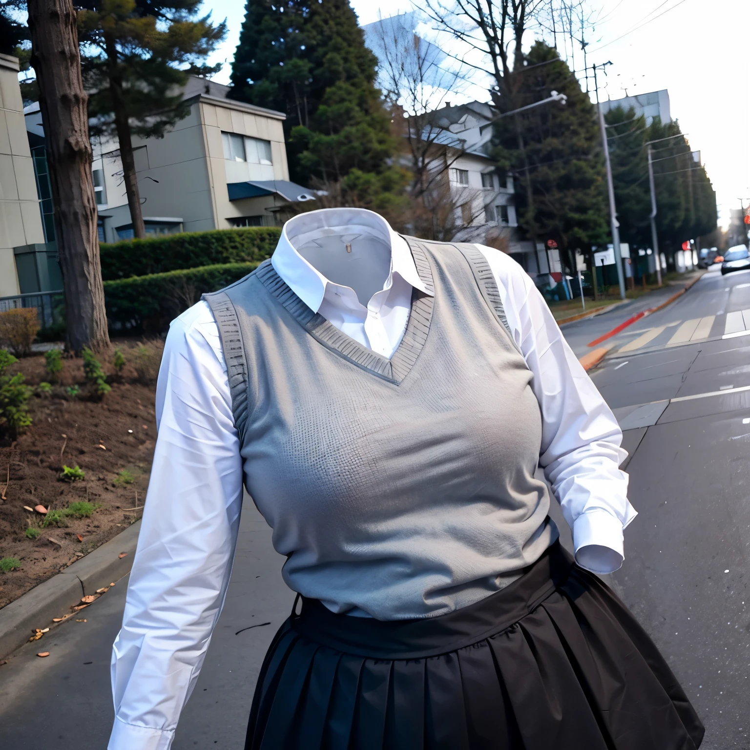 kibito high school blouse, school blouse, sweater vest, plaid skirt, leaning forward, fat, cute big breasts, (invisible, no human, headless, handless:1.5)