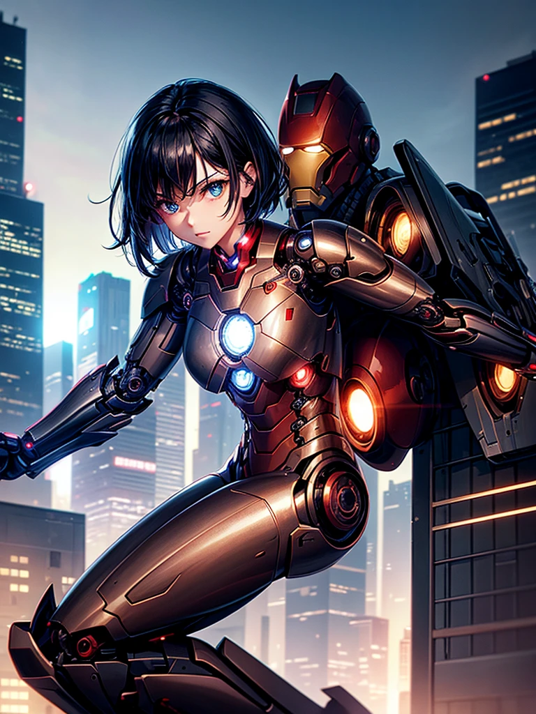 Highest quality,Highest Resolution,beautiful girl,Black Iron Man-like android,metallic,Mechanic,cyborg,Future city at night,Short black hair,whole body,Ride on a futuristic machine and drive,Move,