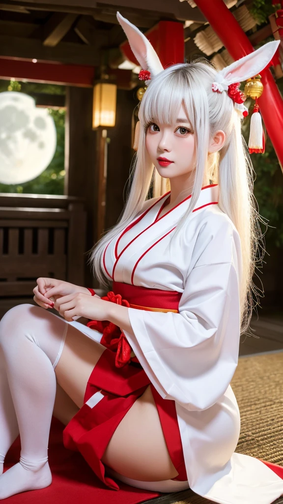 1 girl kitsune, long white hair, orange eyes, large  with inverted nipple waist, large hips, thick thighs, thigh highs, short skirt pulled up, bent over presenting butt to user,k to camera,  white fox ears, looking at user with desire, kitsune,  kimono, kimono draped over shoulders