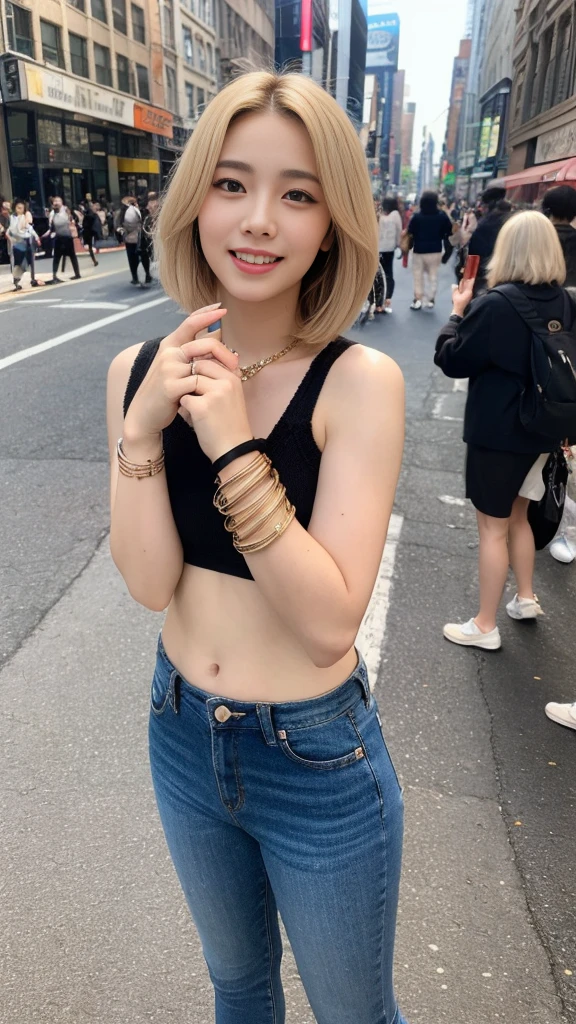 (Top quality, 8K, Masterpiece: 1.3), pull angle, full body, lens used f/2.8, 50mm, camera Sony, beautiful woman, one girl, slender abs: 1.1, short blond hair, (full body, to feet: 1.2), super detailed face, very detailed lips, detailed eyes, double eyelids, pendant, bangle bracelet as accessory of choice, feminine blouse, New York city view, very detailed face and skin, detailed eyes, double eyelids, expression best smile" Translated with DeepL.com (free version)