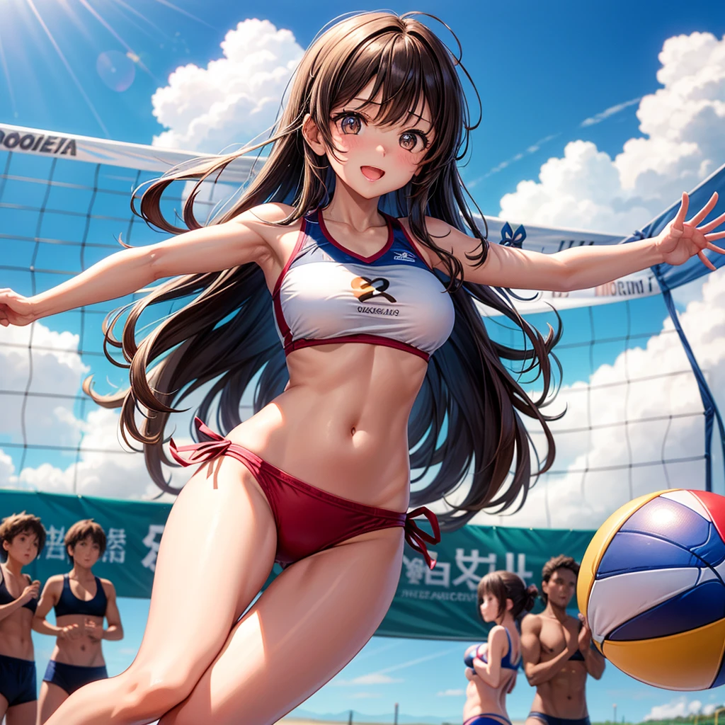 solo / one girl / / Brown eyes, long dark hair, / big tits / girl with、lighting like a movie、The bikini、beachvolley、beach volley ball、spring、jump、、jump、shout out、