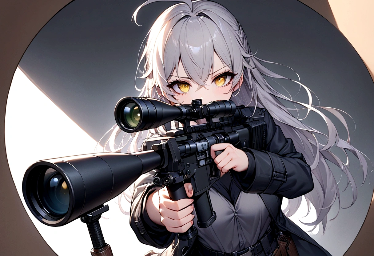 ,sniper rifle(masterpiece, best quality:1.2), 1girl, 独奏,Black military uniform、Looking through the scope、Point your gun at us、Grey long hair、Ahoge、Yellow Eyes、Ready your gun?、sniper rifle、Background of military bases、Fisheye Lens、battlefield、Shadows of light and darkness、Confused eyes、A black hoodie over a grey trench coat、war、銃弾が飛び交うbattlefield、war、大きなReady your gun?女の子,sniper rifle