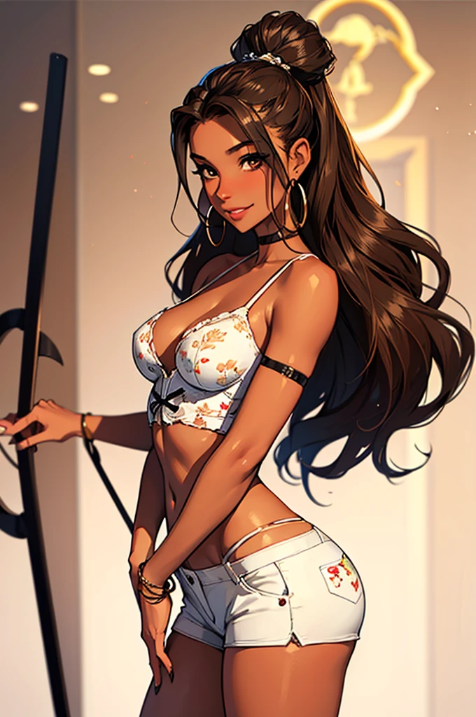 (masterpiece), best quality, expressive eyes, perfect face, nightclub background), (standing), (smirk), (closeup view), (1girl, vanessa alessia, dark skin, tanned skin, brown hair, wavy hairstyle, brown eyes, hourglass figure, thin body, skinny body, petite_body, medium breasts, thick thighs, long fingernails, ,white shorts, print corset, thong straps, hoop earrings, miscellaneous jewelry, slutty)) (grabbing own ass)