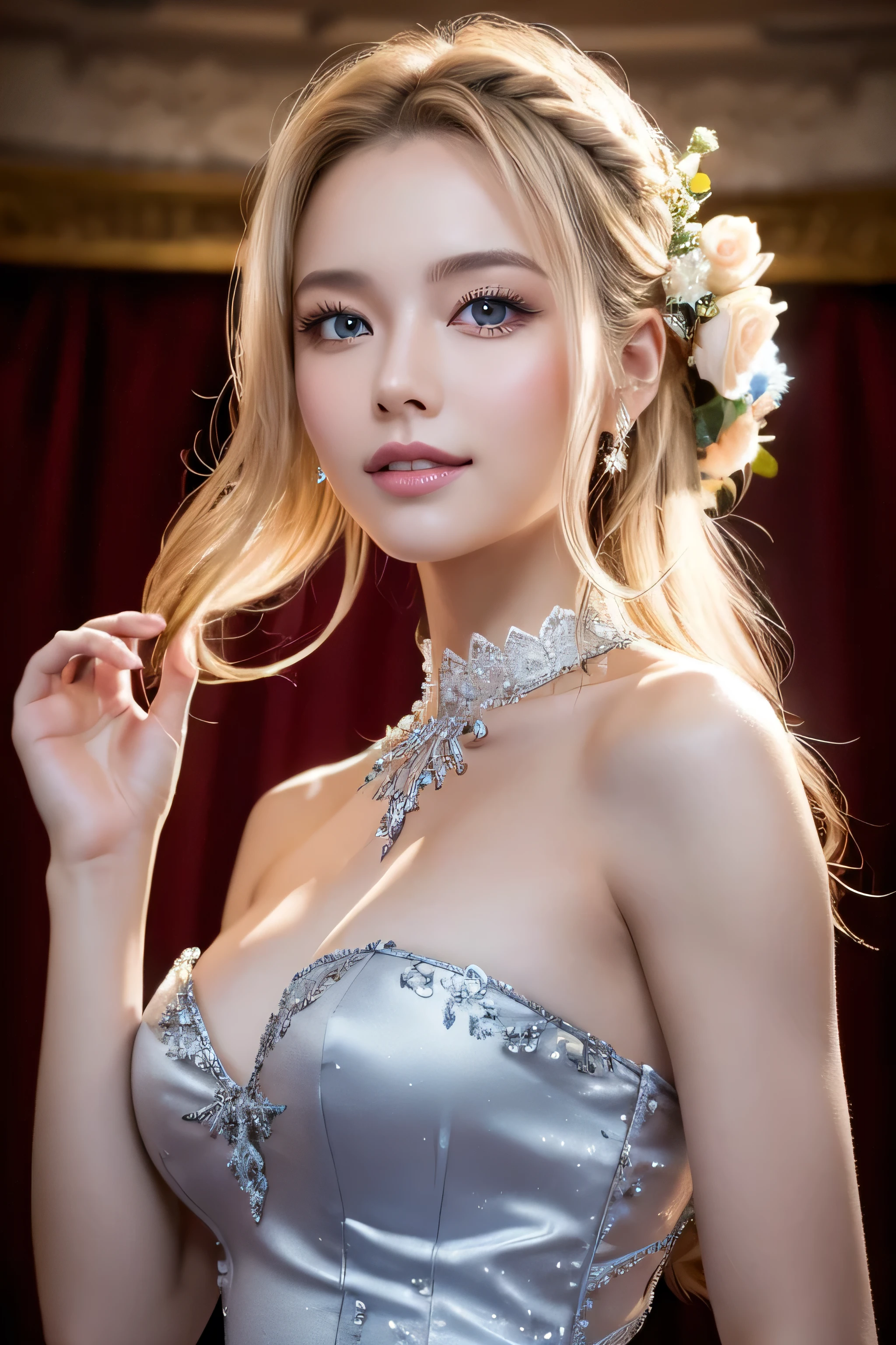 (((masterpiece)))、((Highest quality))、((超Realistic))、bride、wedding、Luxurious floral dresses、Lightly Dressed、tiara、Earrings、necklace、Formal Wear、night景、illumination、blue eyes、blonde、short hair、Hair tied up、Full body photo、Sexy Face、short hair、 A look of complete lust、Mature Woman、perspective、Very detailed、The perfect temptation、Best image quality、Fine-grained image quality、beautiful、European women,Italian woman, smile、blue eyes、jewelry, Realistic, High resolution, Glowing Skin, (Detailed face), night, blonde, Wavy Hair,attractive appearance, smile,Japanese women、C cup