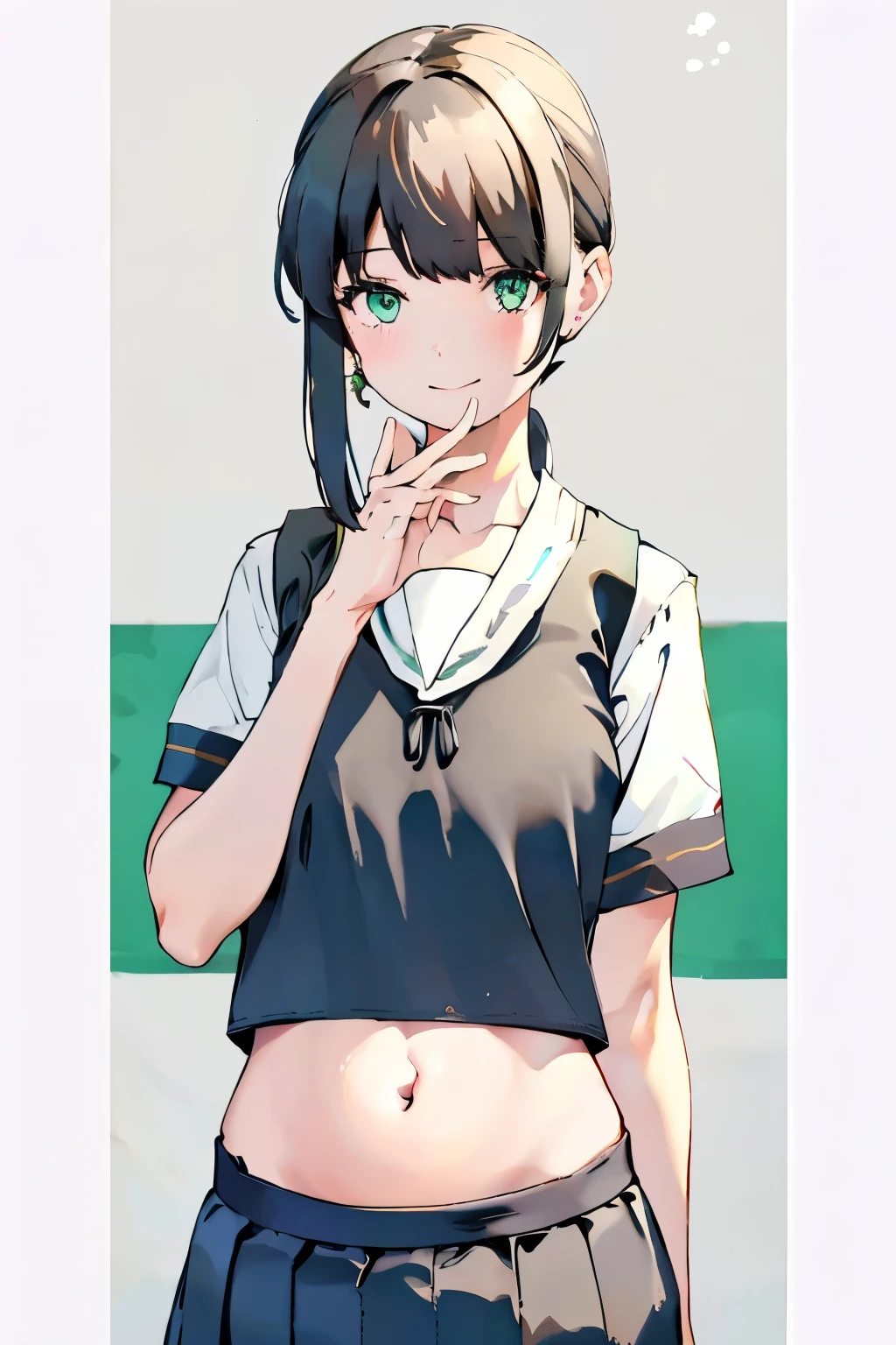 best green eyes,belly button,belly, (masterpiece, best quality:1.2),illustration,8k,hd,1girl,solo,upper body,(portrait:1.2),black_hair,short_ponytail,white serafuku,sidelocks,low_ponytail,green_eyes,smile,black_eyes,school_uniform,pleated_skirt,skirt,
