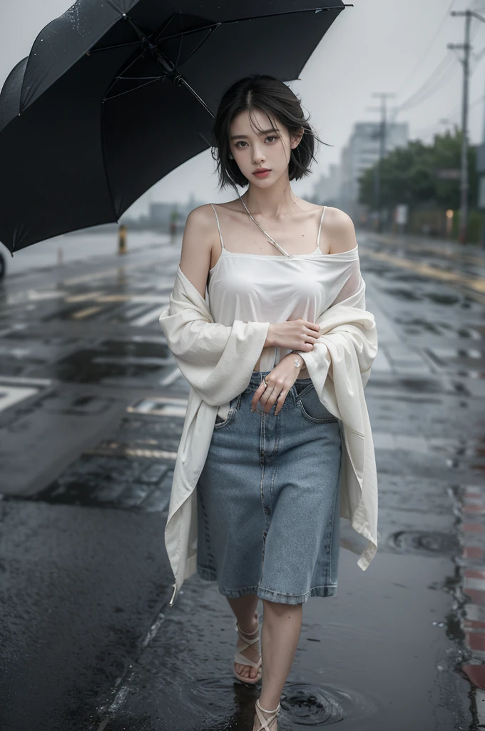 (((best quality))),(((ultra detailed))),(((masterpiece))),illustration,1girl, young,solo, slim,thin,shoulder length straight bob hair,small breasts,flat chest,standing,rainy night, heavy rain, drenched clothes, melancholy expression, solitude, tear rolling down cheek, wet hair, empty streets, dimly lit, deserted environment, sound of rain, footsteps, discarded umbrella, symbol of hope, abandoned, resilience, determination, walking in rain, heartbreak, loss, love fading, loneliness, body language, facial expression, dreary atmosphere, rain-soaked streets, somber mood, viewer engagement,full body