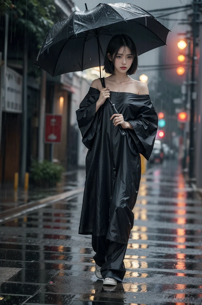 (((best quality))),(((ultra detailed))),(((masterpiece))),illustration,1girl, young,solo, slim,thin,shoulder length straight bob hair,small breasts,flat chest,standing,rainy night, heavy rain, drenched clothes, melancholy expression, solitude, tear rolling down cheek, wet hair, empty streets, dimly lit, deserted environment, sound of rain, footsteps, discarded umbrella, symbol of hope, abandoned, resilience, determination, walking in rain, heartbreak, loss, love fading, loneliness, body language, facial expression, dreary atmosphere, rain-soaked streets, somber mood, viewer engagement,full body