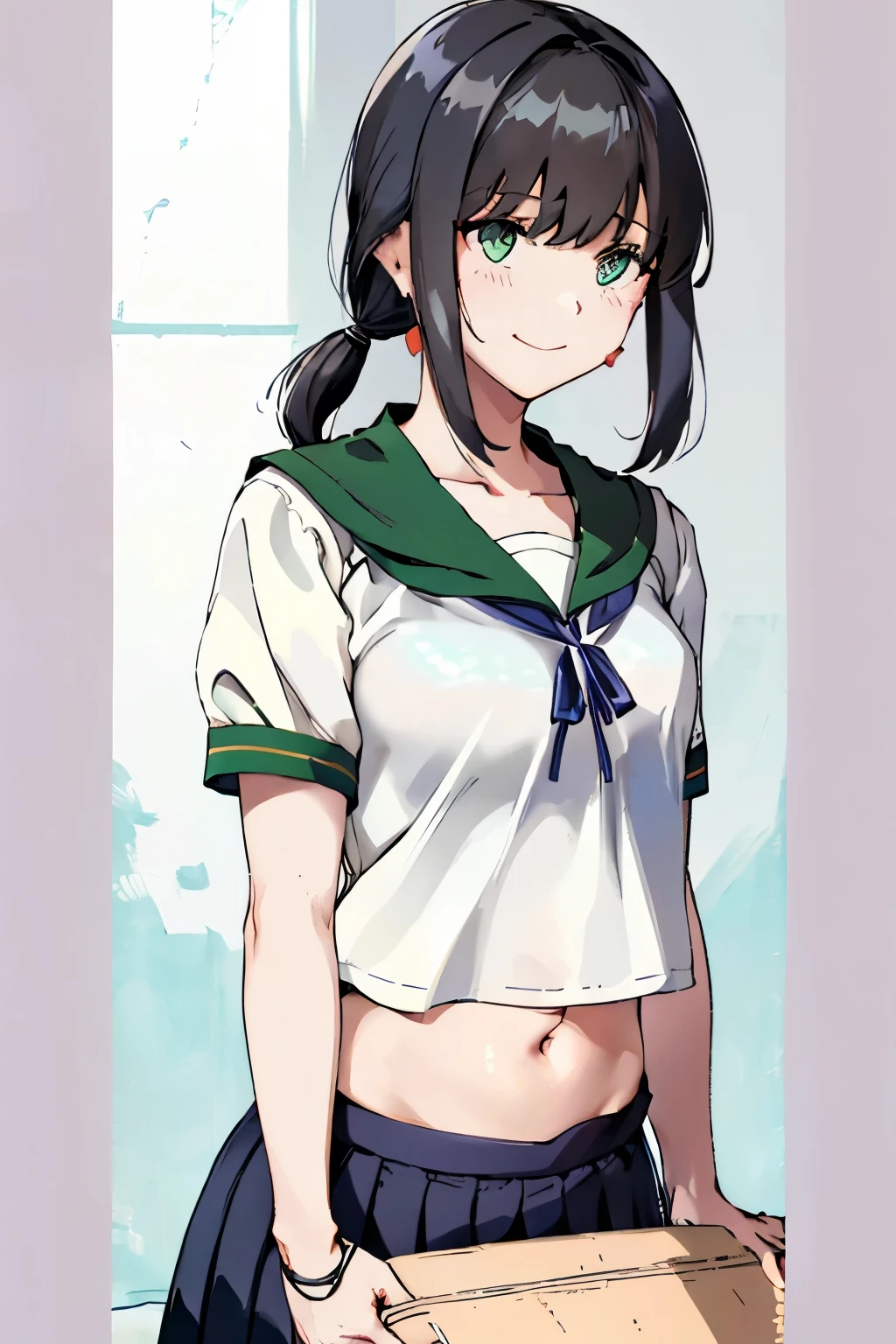 best green eyes,belly button,belly, (masterpiece, best quality:1.2),illustration,8k,hd,1girl,solo,upper body,(portrait:1.2),black_hair,short_ponytail,white serafuku,sidelocks,low_ponytail,green_eyes,smile,black_eyes,school_uniform,pleated_skirt,skirt,
