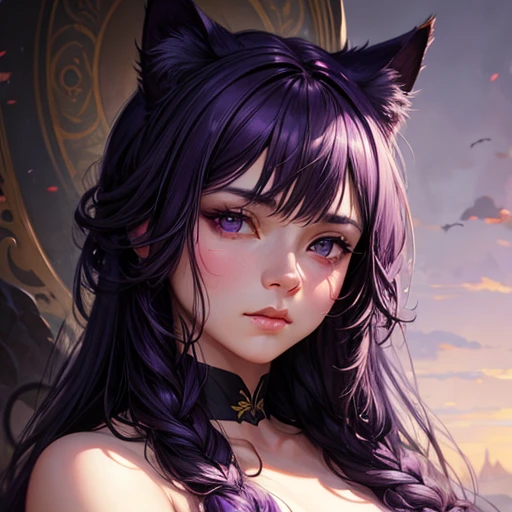 Realistic poster portrait of Masnya, (Purple skin color:1.1), Cat ear, alone, Jeremy Lipking, William Bouguereau, (Alphonse Mucha:0.5), By d-art , SFW 