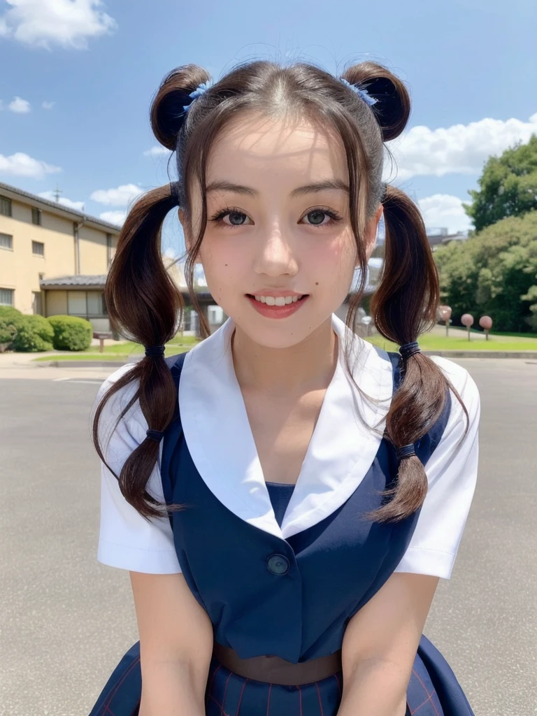 masterpiece,best quality,higher, Super sexy super cute Japanese girl、Hot, erotic and sexy lips、Big eyes、Drooping eyearilyn (;marilyn monroe face)、ASİAN,(brown race),dark skin,Dark brown, loosely wavy llong hair,1girl,NDGE、ponytail、Super big、sexual excitement、(((Japanese school girl uniform、Beautiful blue sky and schoolyard、Twin tails)))、(((Super big)))Cute smile