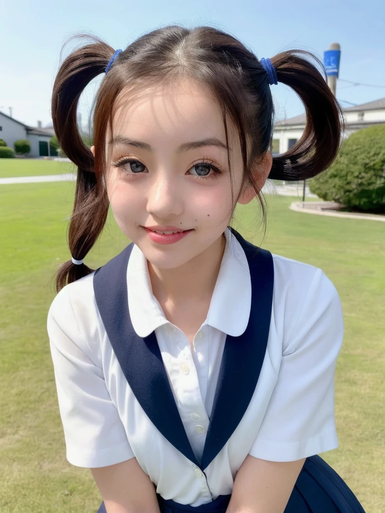 masterpiece,best quality,higher, Super sexy super cute Japanese girl、Hot, erotic and sexy lips、Big eyes、Drooping eyearilyn (;marilyn monroe face)、ASİAN,(brown race),dark skin,Dark brown, loosely wavy llong hair,1girl,NDGE、ponytail、Super big、sexual excitement、(((Japanese school girl uniform、Beautiful blue sky and schoolyard、Twin tails)))、(((Super big)))Cute smile