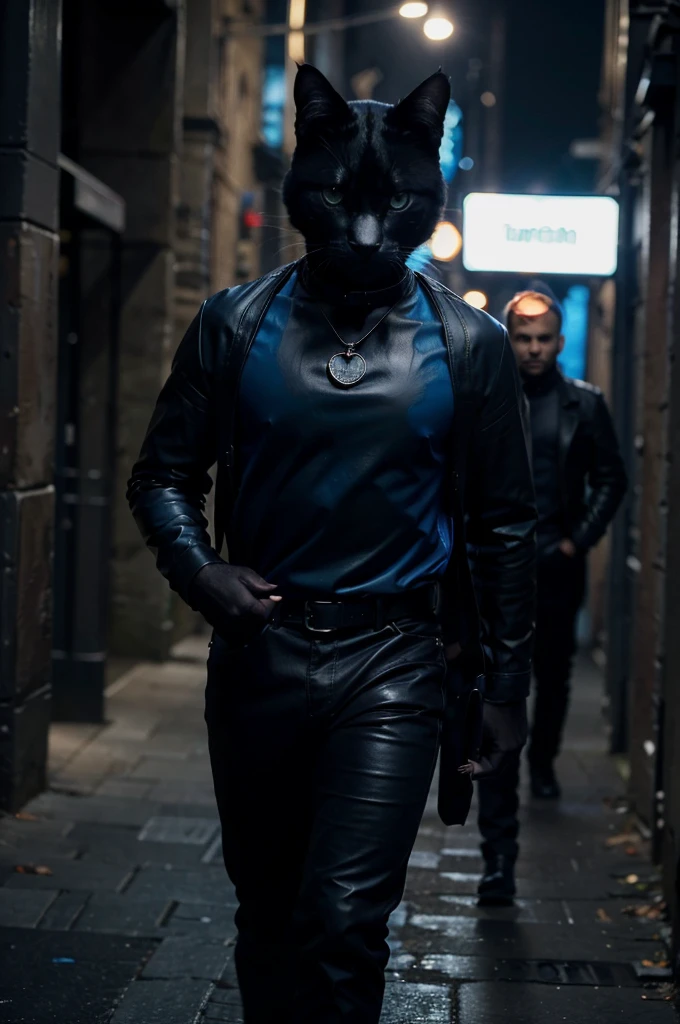 A hunter black cat his eyes are blowing blue colour wearing leather's clothes white and blue necklace oh his neck. Dark background. (Dark place) full body cats walking in night time ((showing few long distance )) (dark background seen )