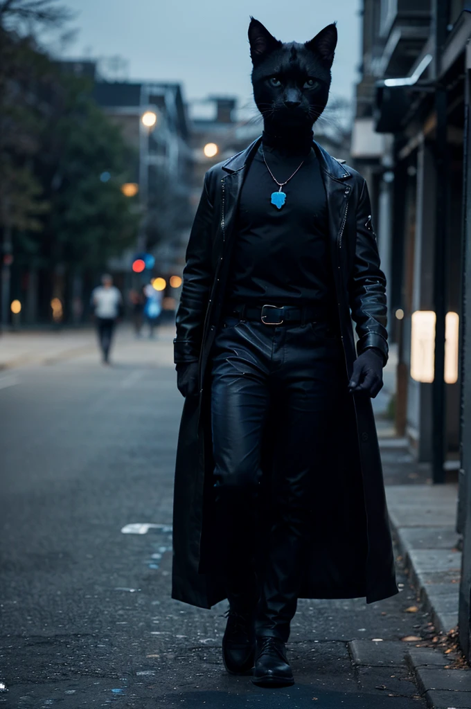 A hunter black cat his eyes are blowing blue colour wearing leather's clothes white and blue necklace oh his neck. Dark background. (Dark place) full body cats walking in night time ((showing few long distance )) (dark background seen )