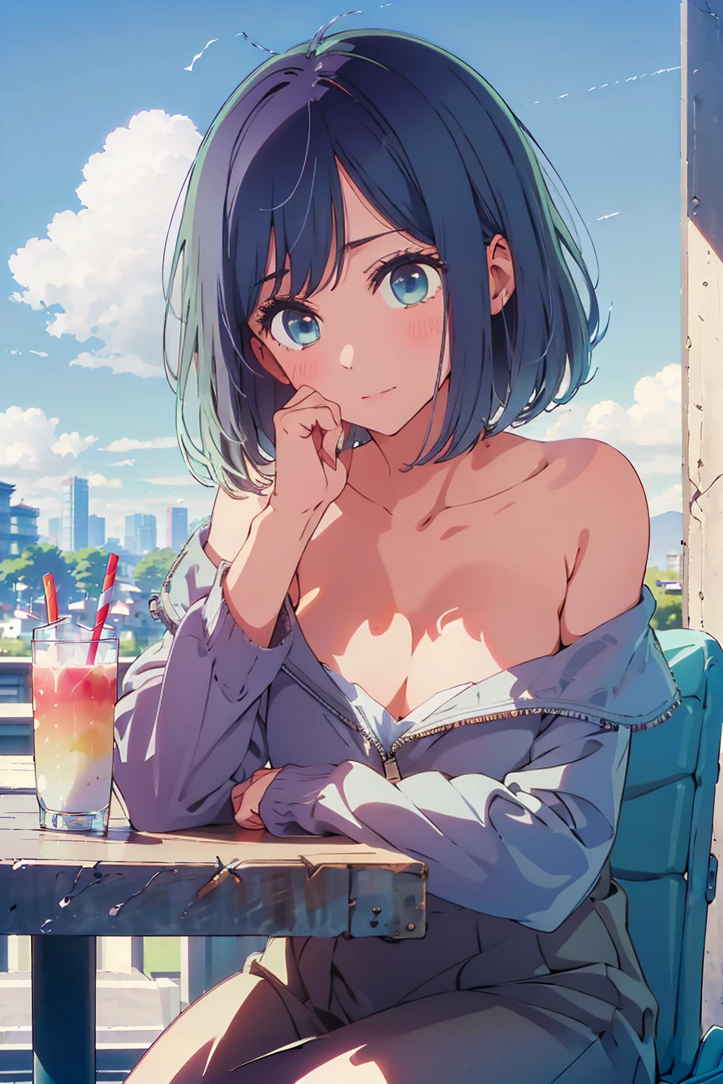 (Highest quality:1.4、8K:1.4、detailed)、F cup bust、Big Breasts、Slim body、Very white beautiful skin、((((1 person、Surprised expression、sit、Chair、In the background are the urban buildings of Tokyo、looking at the camera、Outdoor café terrace、Navy hair color、juice、Shooting up close、Shooting from an angle、table、Very cute face))))、((((nude、Areola))))、(Hand touching cheek pose:1.4、Cheek resting on hand:1.4)、Off-the-shoulder blouson、Black blouson with zipper、Very blue sky、A completely cloudless sky