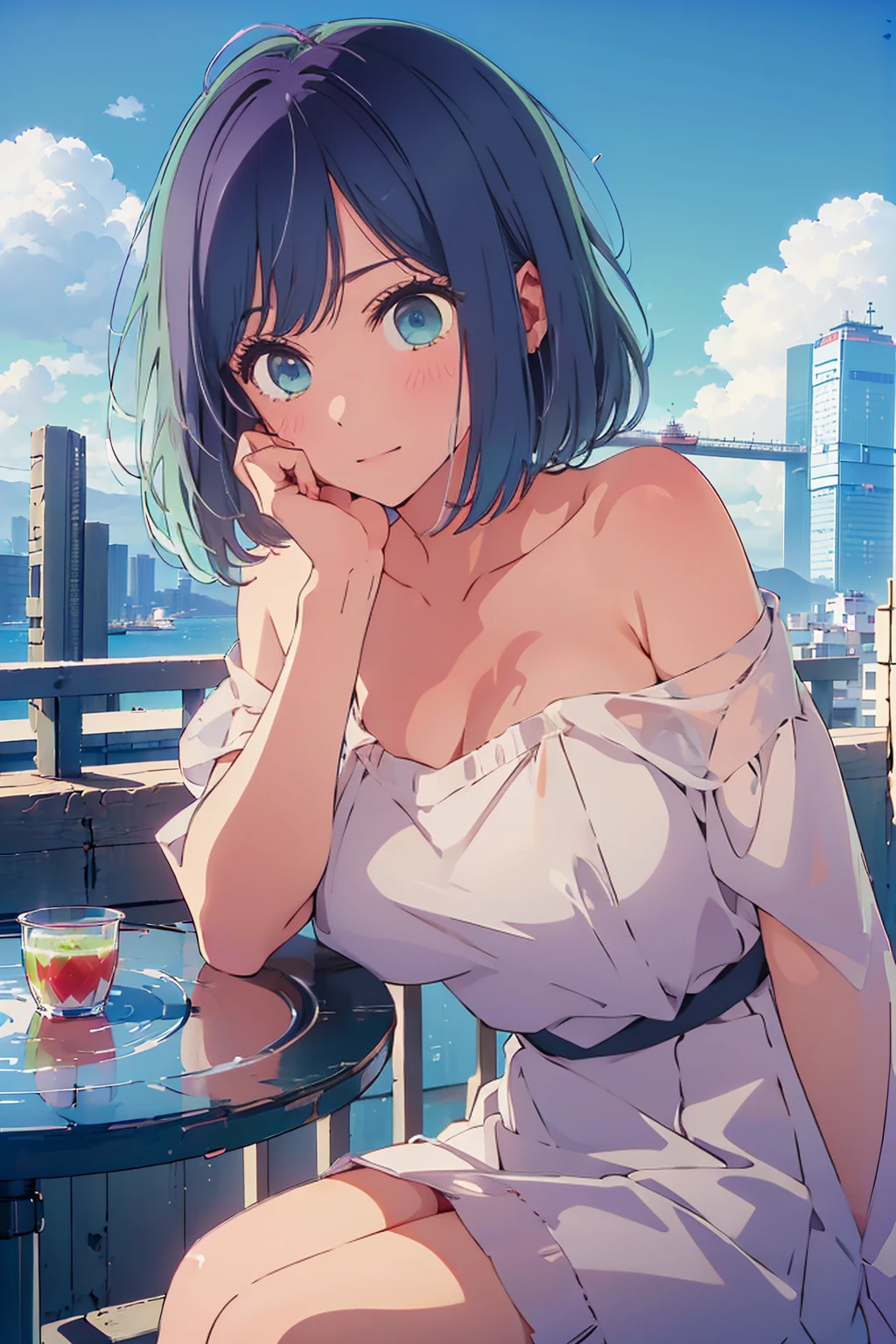 (Highest quality:1.4、8K:1.4、detailed)、F cup bust、Big Breasts、Slim body、Very white beautiful skin、((((1 person、Surprised expression、sit、Chair、In the background are the urban buildings of Tokyo、looking at the camera、Outdoor café terrace、Navy hair color、juice、Shooting up close、Shooting from an angle、table、Very cute face))))、((((nude、Areola))))、(Hand touching cheek pose:1.4、Cheek resting on hand:1.4)、Off-the-shoulder blouson、Black blouson with zipper、Very blue sky、A completely cloudless sky