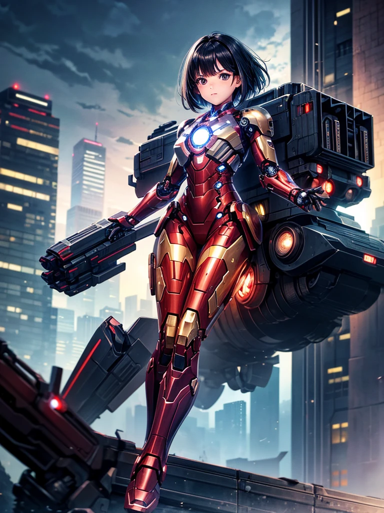 Highest quality,Highest Resolution,beautiful girl,Black Iron Man-like android,metallic,Mechanic,cyborg,Future city at night,Short black hair,whole body,Ride on a futuristic machine and drive,Move,