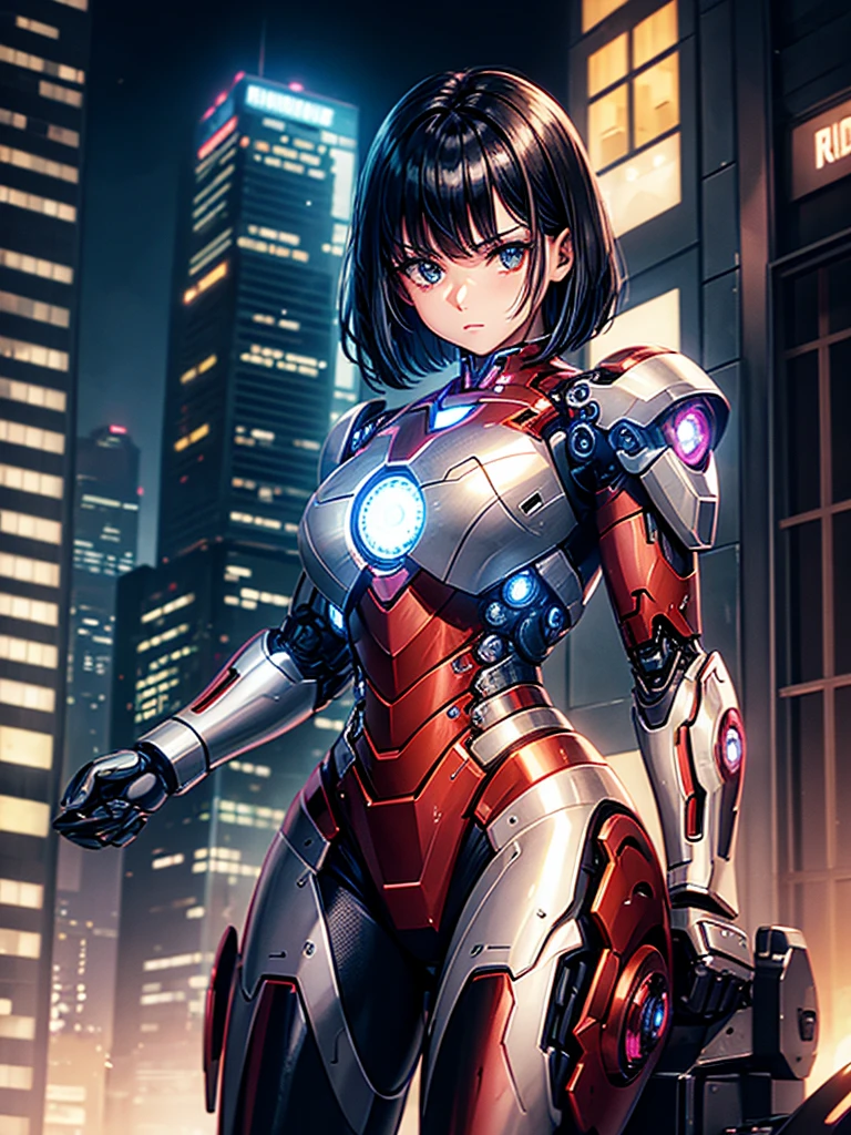 Highest quality,Highest Resolution,beautiful girl,Black Iron Man-like android,metallic,Mechanic,cyborg,Future city at night,Short black hair,whole body,Ride on a futuristic machine and drive,Move,