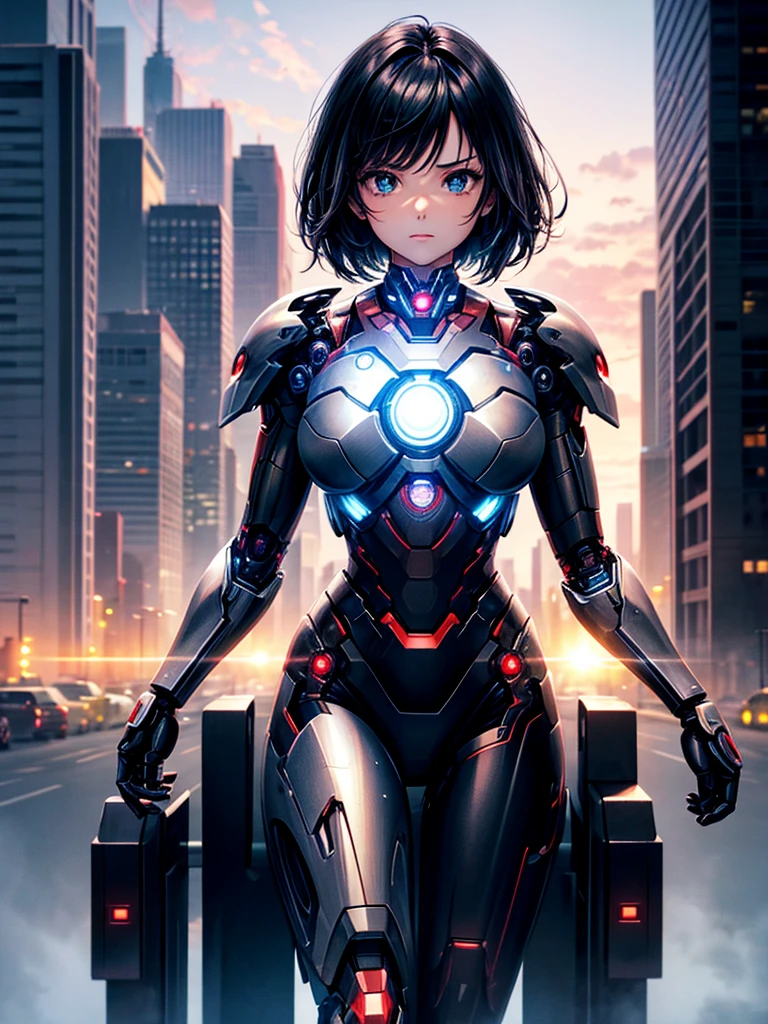 Highest quality,Highest Resolution,beautiful girl,Black Iron Man-like android,metallic,Mechanic,cyborg,Future city at night,Short black hair,whole body,Ride on a futuristic machine and drive,Move,