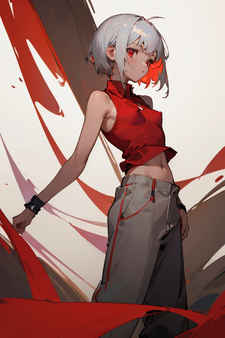 ((Highest quality)), ((masterpiece)), (Become familiar with), 1 girl, alone, Silver Hair,Brown Skin,Red eyes,Long trousers,Red sleeveless,((Red Shirt)),Clothes with a visible back, thin,short hair,Small breasts, Erect nipples,