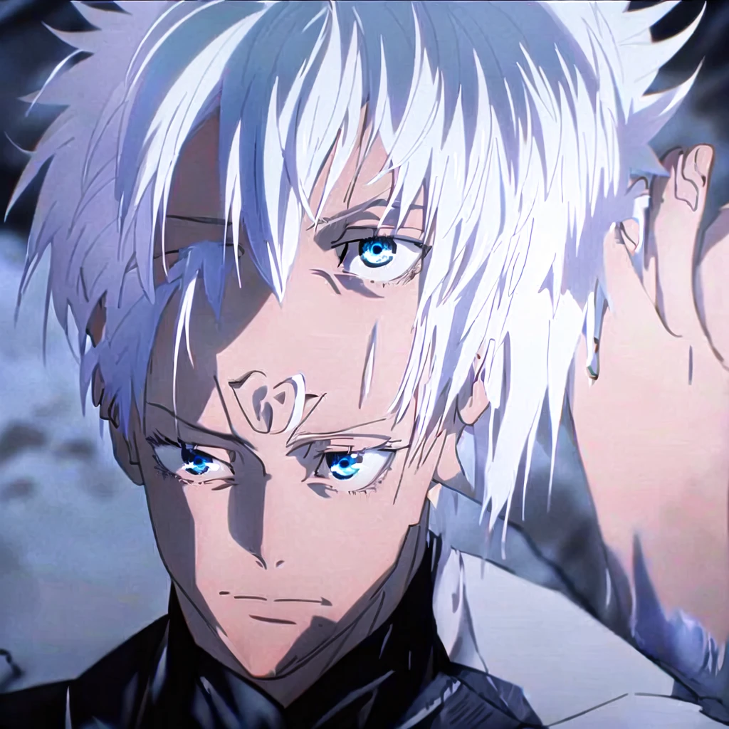 anime character with white hair and blue eyes staring at camera, jujutsu kaisen, portrait, in the anime film, a silver haired mad