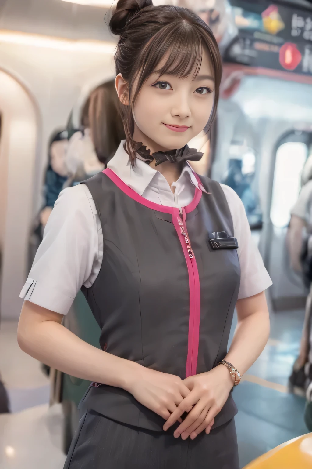 (masterpiece:1.2, Highest quality:1.2), 32k HDR, High resolution, (alone、1 Girl)、（Ride the bullet train、Professional Lighting）、Background in the car、（Realistic style of JR Gran Class crew uniform）、Short sleeve blouse、a scarf around the neck、（JR Gran Class flight attendant uniform with pink parts on the skirt sleeves）、（The uniform of a flight attendant in JR Gran Class has a pink line on the front zipper of the vest.）、Dark brown hair、（Hair tied up、Hair Bun、Hair Bun）、Dark brown hair、Long Shot、Big Breasts、（（Great hands：2.0）），（（Harmonious body proportions：1.5）），（（Normal limbs：2.0）），（（Normal finger：2.0）），（（Delicate eyes：2.0）），（（Normal eyes：2.0））)、Luxury Necklace、smile、Beautiful standing posture,