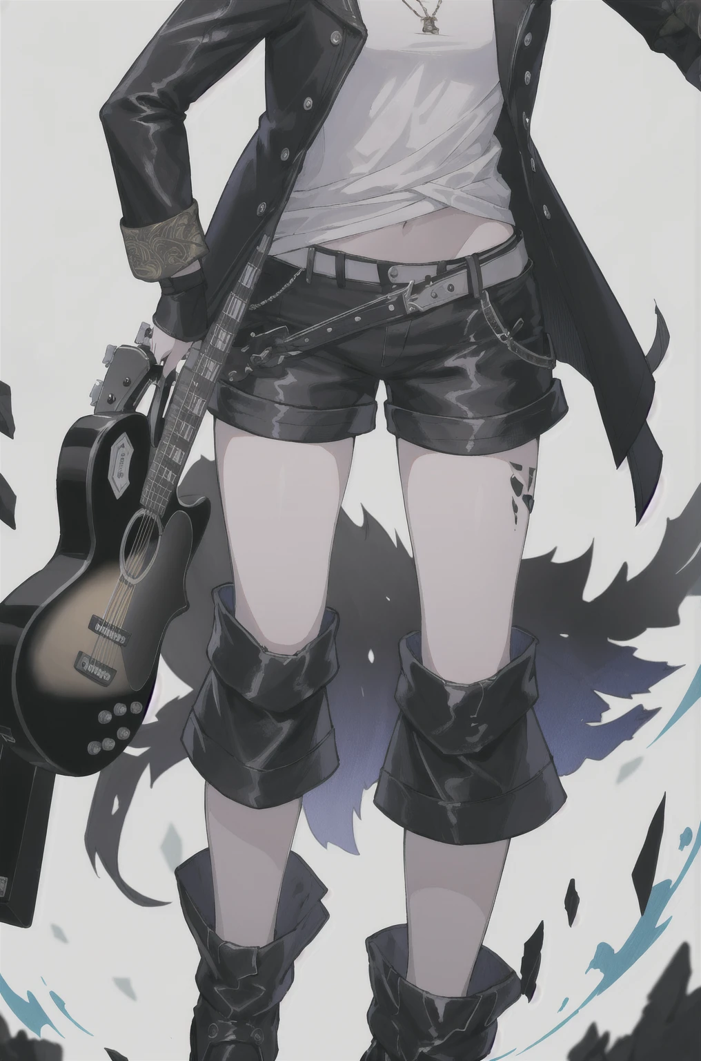 8K,high resolution,absurd,masterpiece,best quality,The original,Extremely detailed CG,Extremely detailed wallpaper,Perfect lighting,1 Girl,Vague_background,
(hutaodef:1.2),Black shorts,black h在 with h在 ,Regular Clothes,white background,guitar