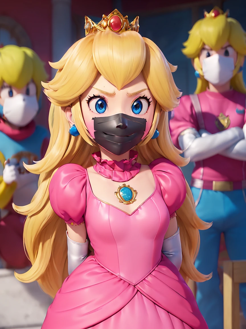 Princess Peach, solo, 1 girl, ((wearing a long hot pink dress)), huge breasts, upper body, masterpiece,8k, best quality, good hands,good eyes, pixarstyle, 1girl, solo, style,parody,3d,long hair, detail hair, blonde hair, maximum detail, intricate detail, extremely clear, beach, nsfw, smile, shy, blush, embaressed, ((long hair)), (tall girl), (solo, 1 girl), ((shibari, arms behind back : 1.4)) , ( full face otn gag mask), (full body view),((toes to head view)), ((complete body view photo)), ((standing)), Scared, (Skinny), view the viewer, ((shibari, bound arms, arms back behind:1.4)), ((tied in a wood pole)), ((wood pole)), ((tight full face latex mask)), (otn gag), gagged, (tight latex mask), (black mask), day light, ((she wears a black mask with a mouth printed on it)), WMASK_gag, WMASK_on, WMASK_BANDANA_ON, WMASK_latex, WMASK_Breathplay, WFACE_BANDANA.